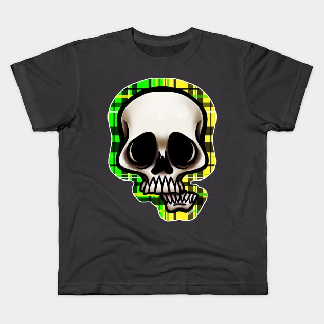 Yellow and Green Split Plaid Skull Kids T-Shirt by Jan Grackle